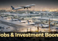 Jewar Airport runway and aircraft takeoff scene