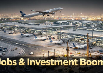 Jewar Airport runway and aircraft takeoff scene