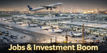 Jewar Airport runway and aircraft takeoff scene