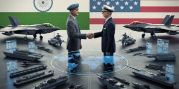 India and the United States shaking hands over a futuristic military command table, with fighter jets, helicopters, naval warships, artillery syst