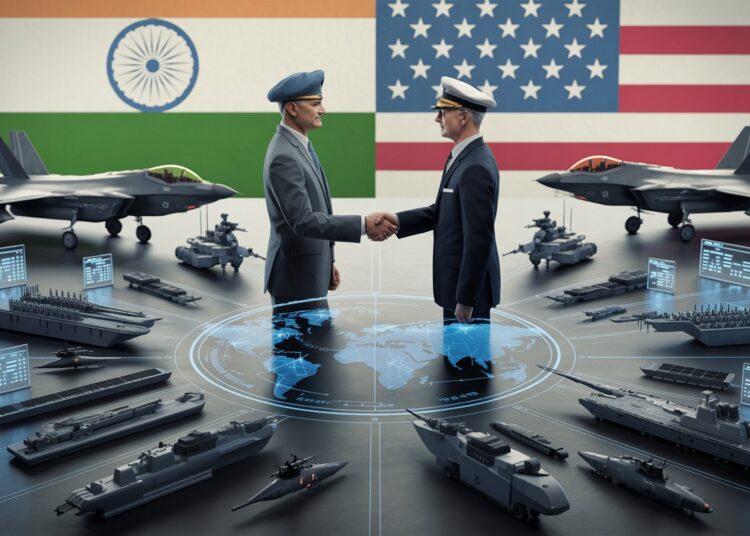 India and the United States shaking hands over a futuristic military command table, with fighter jets, helicopters, naval warships, artillery syst